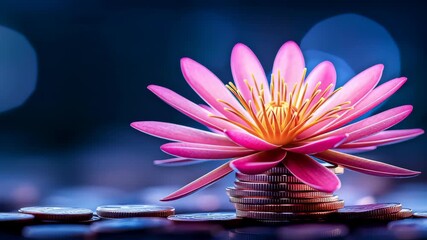 Vibrant Pink Water Lily Blooming on Stacked Coins Symbolizing Wealth, Prosperity, and Growth in a Tranquil Blue Background for Financial Themed Projects