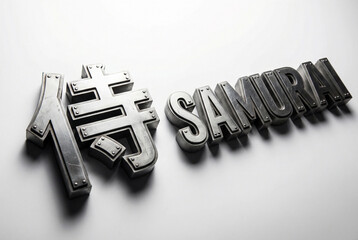 Samurai Kanji and SAMURAI Text in Metallic Samurai Armor Inspired 3D Brushed Steel Typography with Engraved Edges and Dramatic Shadow on White Background-Generative AI