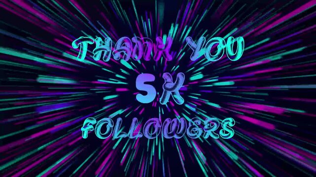 Thank You 5K Followers text Animation. Speed background light rays zoom.