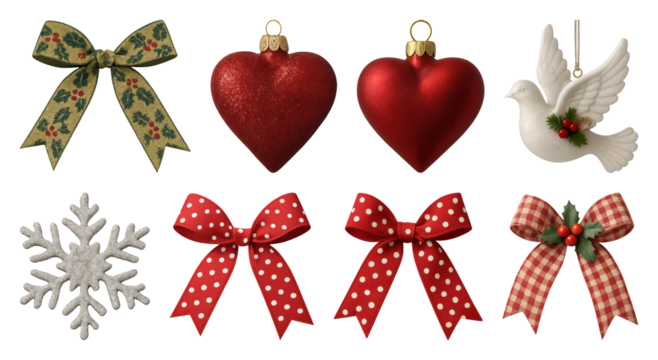 PNG Festive ornaments and decorative bows, element set on transparent background