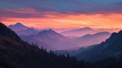 Obraz premium A breathtaking sunset illuminates the mountain range with vibrant colors. Layers of peaks stretch into the distance surrounded by tall trees and soft mist.