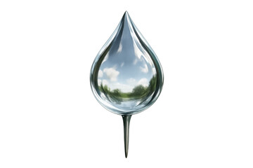 Water drop reflecting clear blue sky, clouds, and green summer landscape, symbolizing purity and essential resources