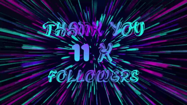 Thank You 11K Followers text Animation. Speed background light rays zoom.