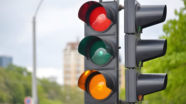Road traffic lights. Red, green and yellow color light on traffic light - Powered by Adobe