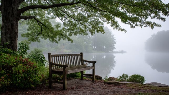 A bench is sitting by a lake in the rain. The bench is wooden and has a view of the water. The scene is peaceful and calming, despite the rain - Powered by Adobe