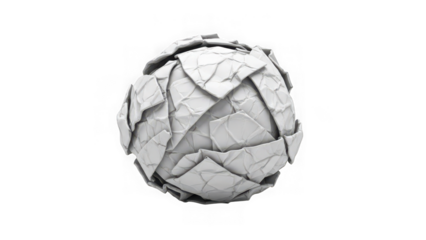 White crumpled paper ball, representing a mistake or a discarded idea, isolated on transparent background