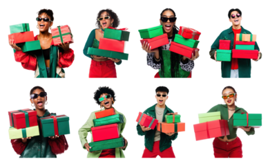 PNG Diverse joyful people holding gifts, element set on transparent background