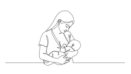 Mother gently breastfeeding her newborn baby, a tender moment of bonding and nurturing depicted in a minimalist continuous line art style, love.
