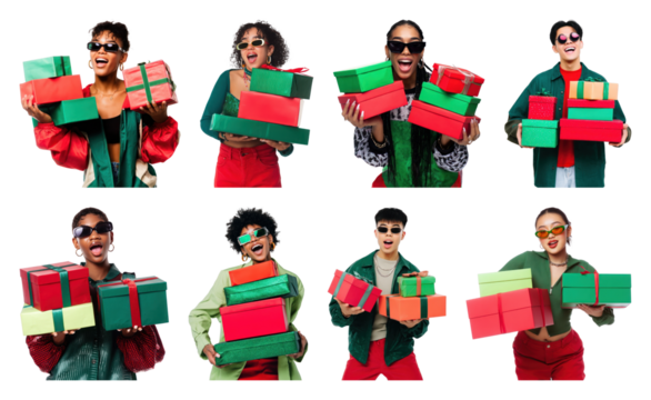PNG Diverse joyful people holding gifts, element set on transparent background