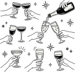 Hands holding wine and champagne glasses with pouring bottle and starbursts
