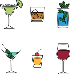 Six different alcoholic and non-alcoholic drinks in glasses