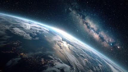 Fototapeta premium A stunning view shows Earth bathed in darkness with bright city lights twinkling below. The Milky Way galaxy stretches across the sky creating a breathtaking contrast against the planet's surface.