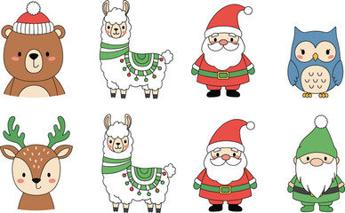 Adorable Collection of Eight Flat Vector Christmas Characters and Animals, Including Santa Claus, a Gnome, Llamas with Blankets, a Bear Head, a Deer with Antlers, and a Blue Owl