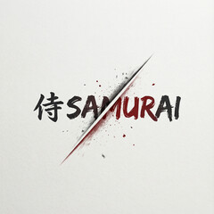 Samurai Kanji and SAMURAI Text with Dramatic Diagonal Sword Slash, Minimal Black and Dark Red Battle Tension Typography on White Background-Generative AI