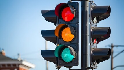 Road traffic lights. Red, green and yellow color light on traffic light