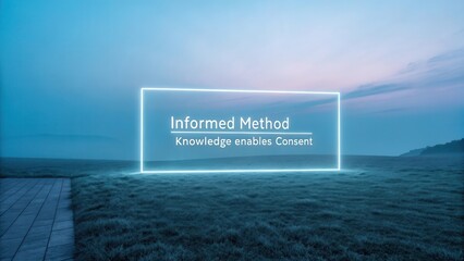 Concept of informed method and knowledge enabling consent displayed in futuristic neon frame in serene landscape at dawn