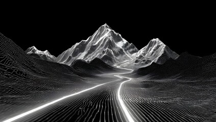 Dramatic monochrome landscape with towering icy peaks illuminated by a bright path leading through rugged terrain under a dark sky