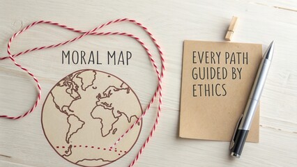 Conceptual moral map illustration depicting ethical guidance with globe and notepad on wooden background
