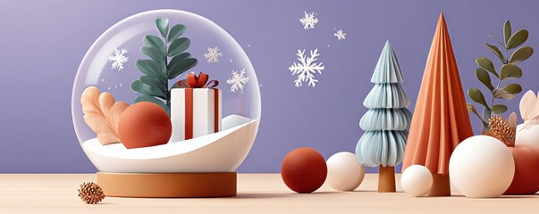 3D rendering of a Christmas decoration inside a glass ball with festive ornaments and pine cones