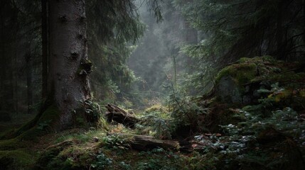 A lush, green forest with a large tree towering over the rest of the trees. In the middle of the forest, there is a smaller tree, and the ground is covered in a thick layer of moss