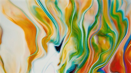 Vibrant liquid paint swirls in an artistic macro abstract composition