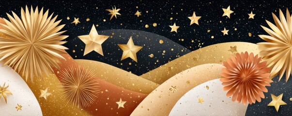 Gold stars and festive orbs decorate a black background for celebration, party décor, and holiday shine.