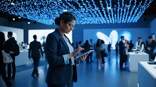 Woman uses tablet at expo. She stands in a busy exhibition hall. Business people walk past booth and digital display. The environment shows technology networking and product demo and staff present.