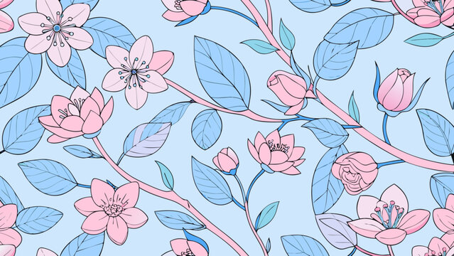 Elegant Pastel Floral Seamless Pattern with Pink Flowers and Blue Leaves