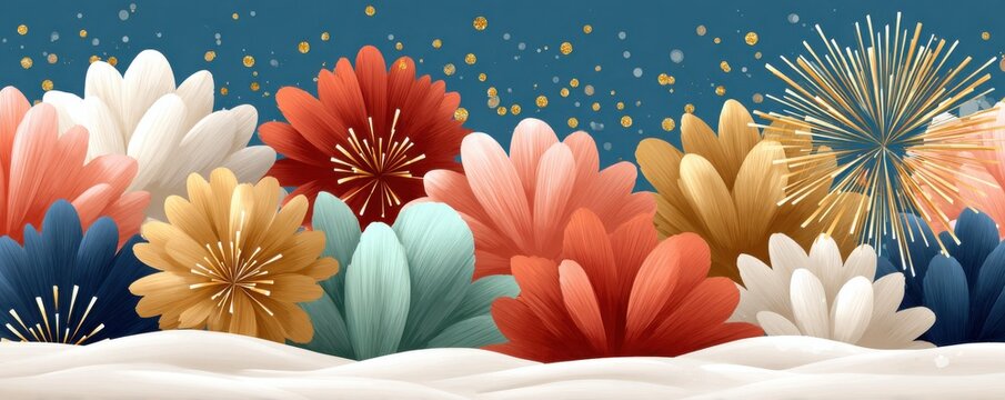 Fireworks burst over colorful desert dunes under a starry night sky for a festive celebration