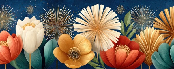 Festive floral scene with bright golden fireworks against a dark blue background and colorful blooms