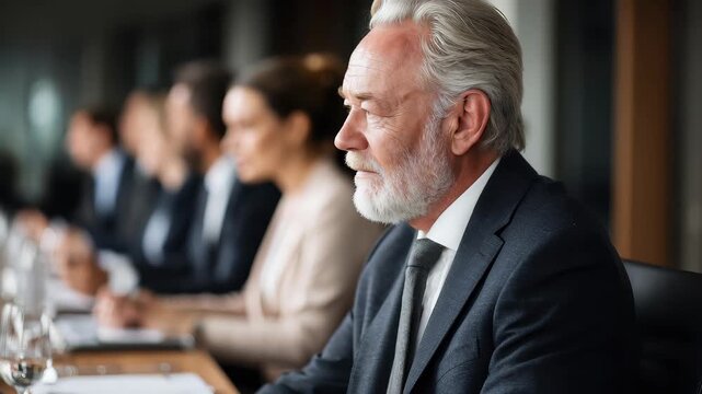 Mature businessman in a suit actively participating in a formal meeting with colleagues in a modern conference room during the daytime