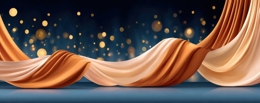 Elegant gold and blue flowing ribbons with golden bokeh lights on a dark blue background