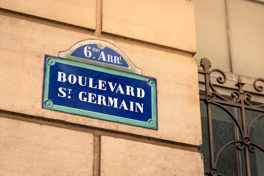 Paris France Boulevard Saint Germain street sign on historic building