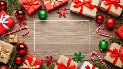 Overhead flat lay Christmas background on a rustic wooden surface, neatly arranged traditional red and green ornaments, wrapped gifts, and candy canes, leaving a prominent text area for festive custom