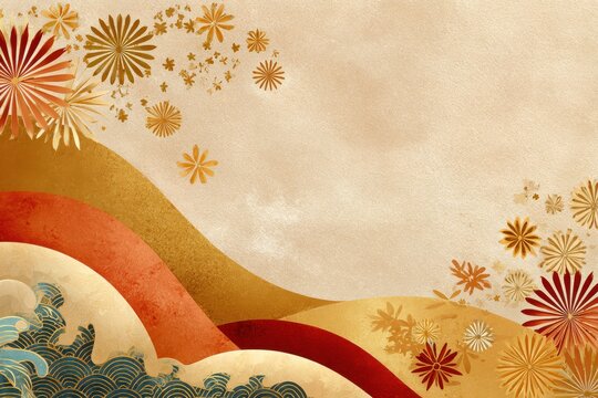 Golden background with Japanese patterns and decorative circles in warm orange and beige tones