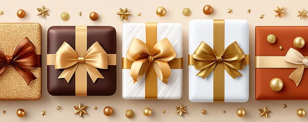Luxurious gold gift boxes with bows on a beige background for holiday celebration