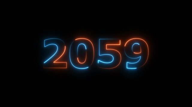 Glowing neon business number 2059 text animation futuristic 4K video.