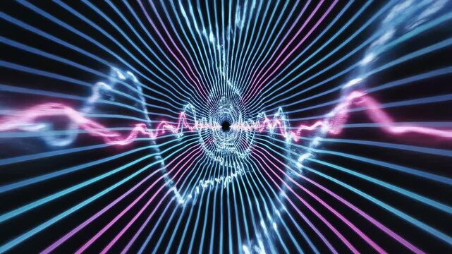 High speed seamless looping digital tunnel composed of dynamic flowing parallel lines creating a complex oscillating three dimensional waveform pattern background lines, energy, flowing