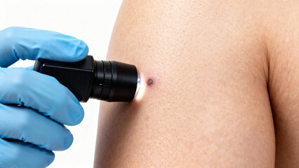 Close-Up Examination of Skin Lesion with Torchlight by Dermatologist's Hand