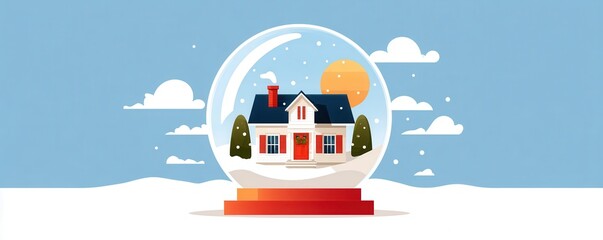 Snow globe with cozy house inside winter scene, festive holiday decoration and home atmosphere