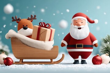 Santa and reindeer bring gifts in a wooden sleigh beside a jolly Santa Claus figure