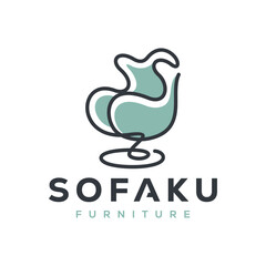 Simple Minimalist Furniture Logo. Interior Sofa Chair with Modern Line art Outline Style. Furnishing Interior Logo Design Template.