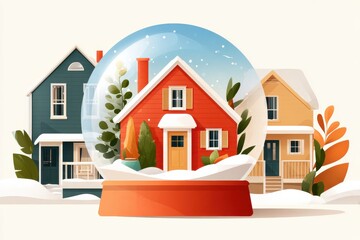Snow globe scene with a red house in a cozy winter village for holiday stock use