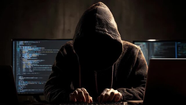 Hooded figure engaged in hacking activity on multiple computer screens in a dark room illuminated by digital data