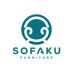 Simple Minimalist Furniture Logo. Interior Sofa Chair with Modern Line art Outline Style. Furnishing Interior Logo Design Template.