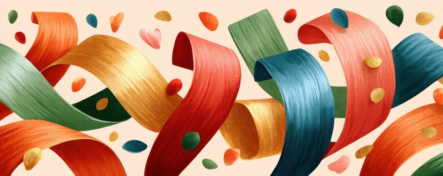 Colorful ribbons swirl across a beige background with vibrant circles and abstract shapes