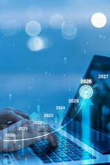 2025 to 2026 business financial plan market concept, performance of profit growth on 2026, education trend up finance on growth graph money revenue, Businesswoman analyzes profitability of working