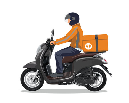 fast food delivery man icon logo sign Food free delivery sale job rider sit scooter box side view Scooter matic motorcycle drivers deliver orange uniforms. back box sale bag storing food app vector 