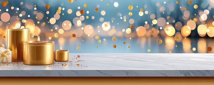 Golden candles on a marble pedestal with sparkling lights creating a festive, luxurious glow - Powered by Adobe