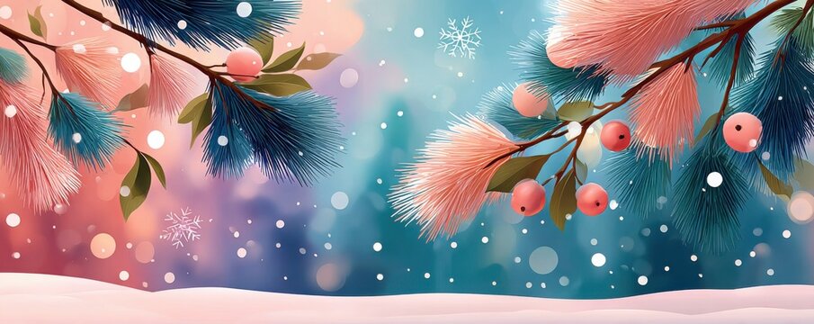 Pastel blue and pink botanical background with frosty snow specks and delicate leaves